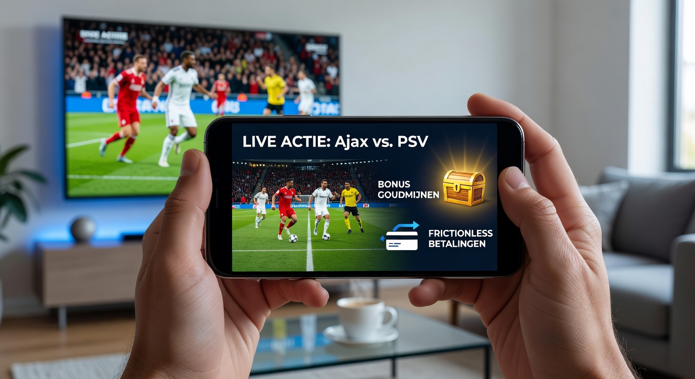 Smartphone met live weddapp in actie tijdens een voetbalwedstrijd, odds updaten in real-time