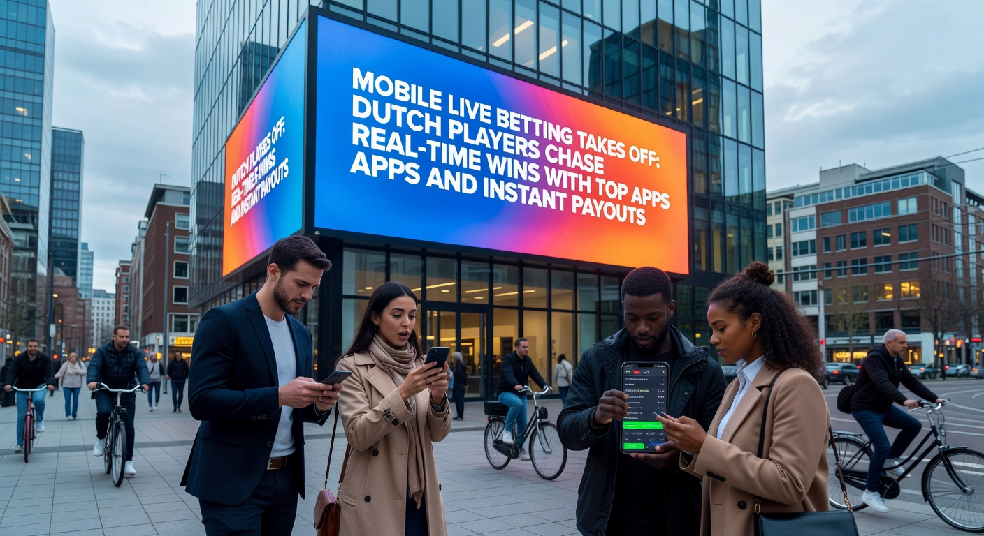 Diverse smartphones met live betting apps open, tonen odds tijdens een basketbal- en tenniswedstrijd, met uitbetalingsiconen zichtbaar