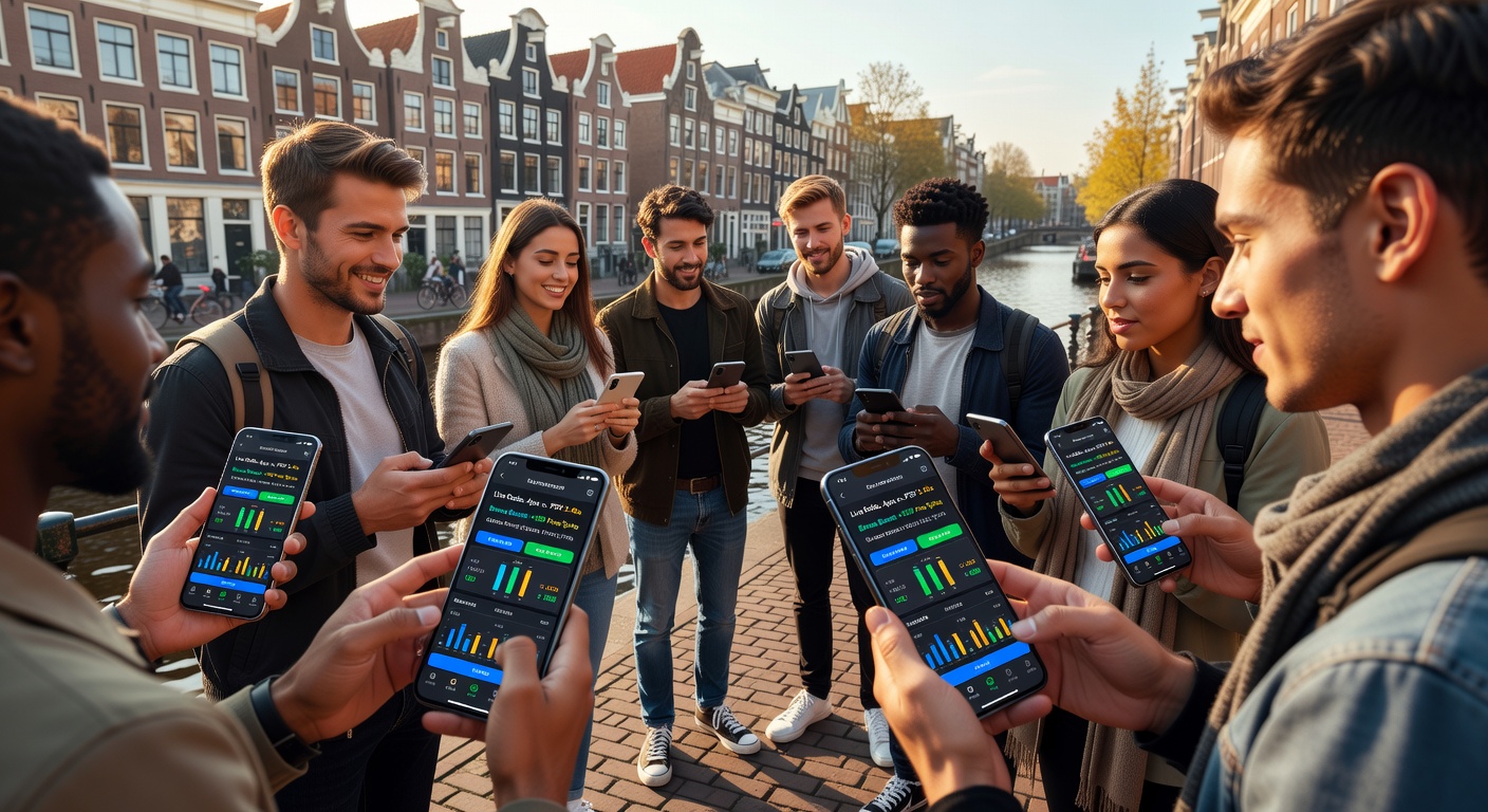 Nederlandse gokkers op mobiele app tijdens live voetbalwedstrijd, met odds die razendsnel updaten